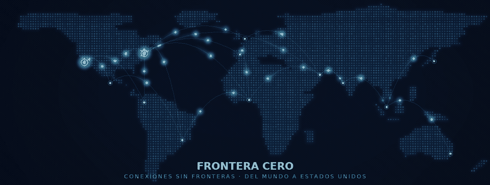 Red global de conexiones: mapa mundial con rutas de luz que entran y salen de Estados Unidos, hacia y desde todos los países.
